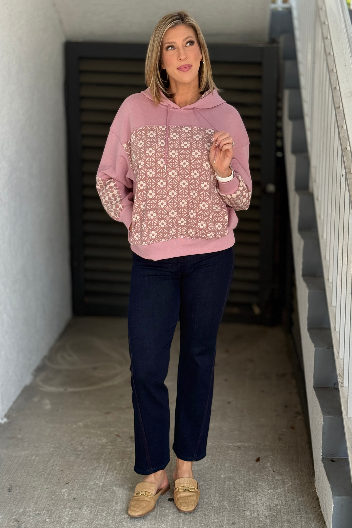 Women’s mauve mixed jacquard patchwork hoodie front view