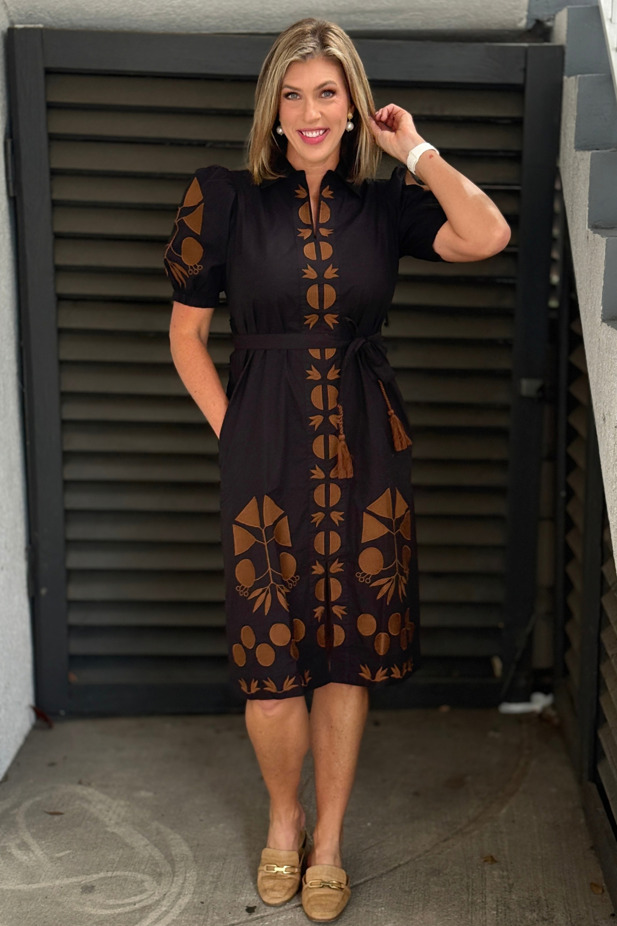 Uncle Frank black embroidered placket midi dress with brown embroidery