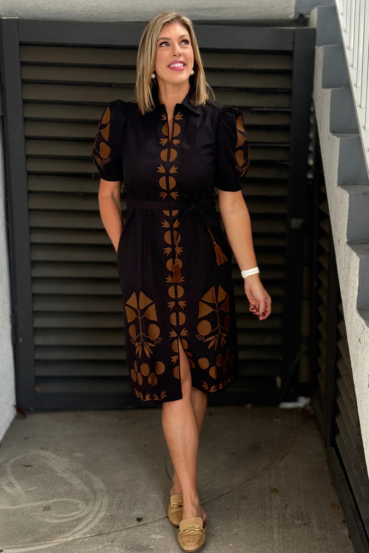 Black cotton midi dress with puff sleeves and tie waist