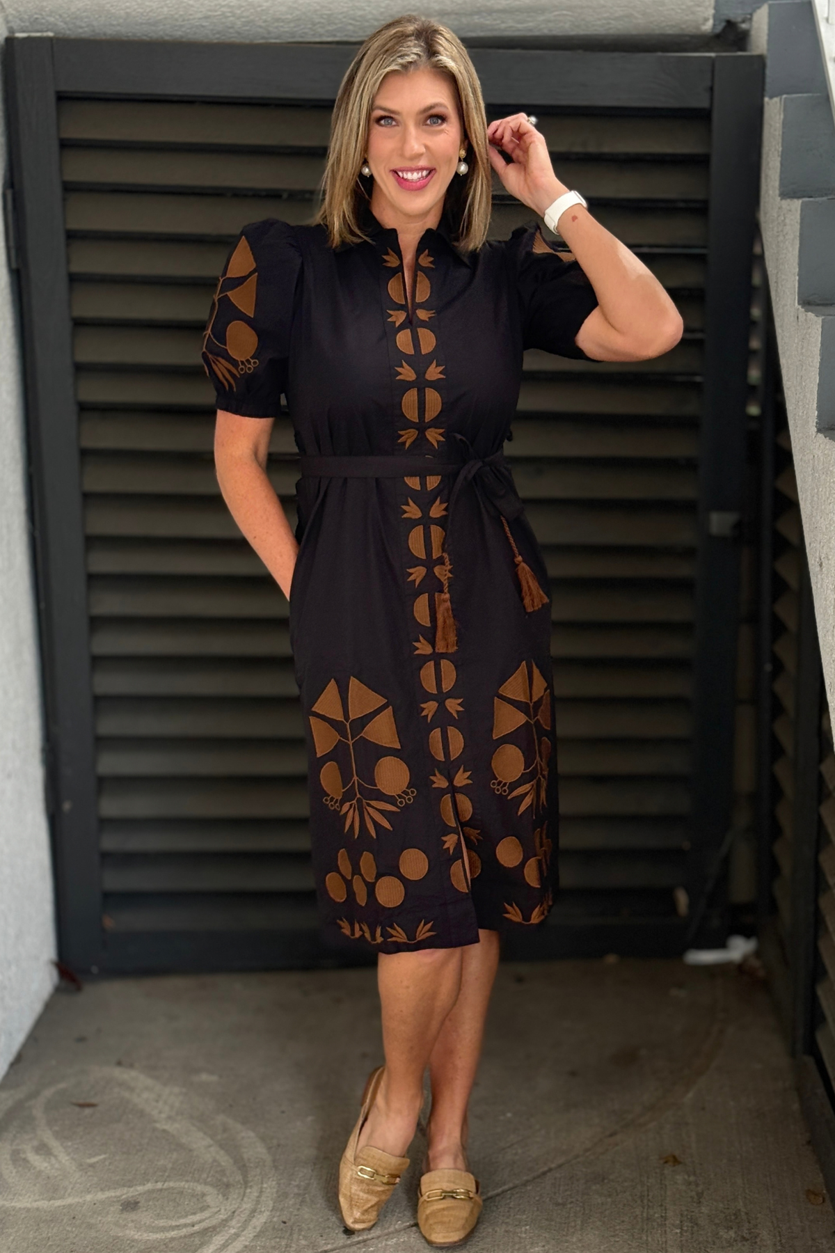 Uncle Frank embroidered black dress with contrast brown detailing