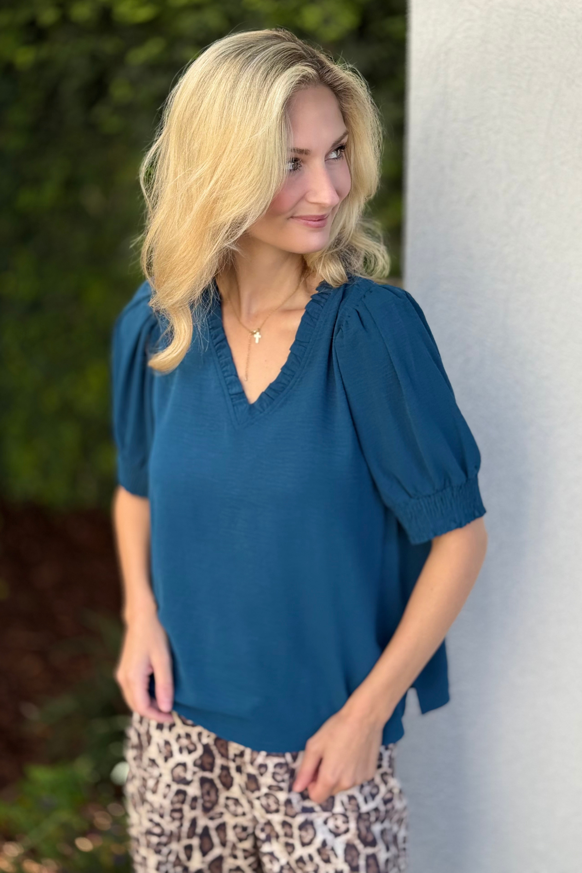 The Elsie Ruffle Neckline Top in Teal