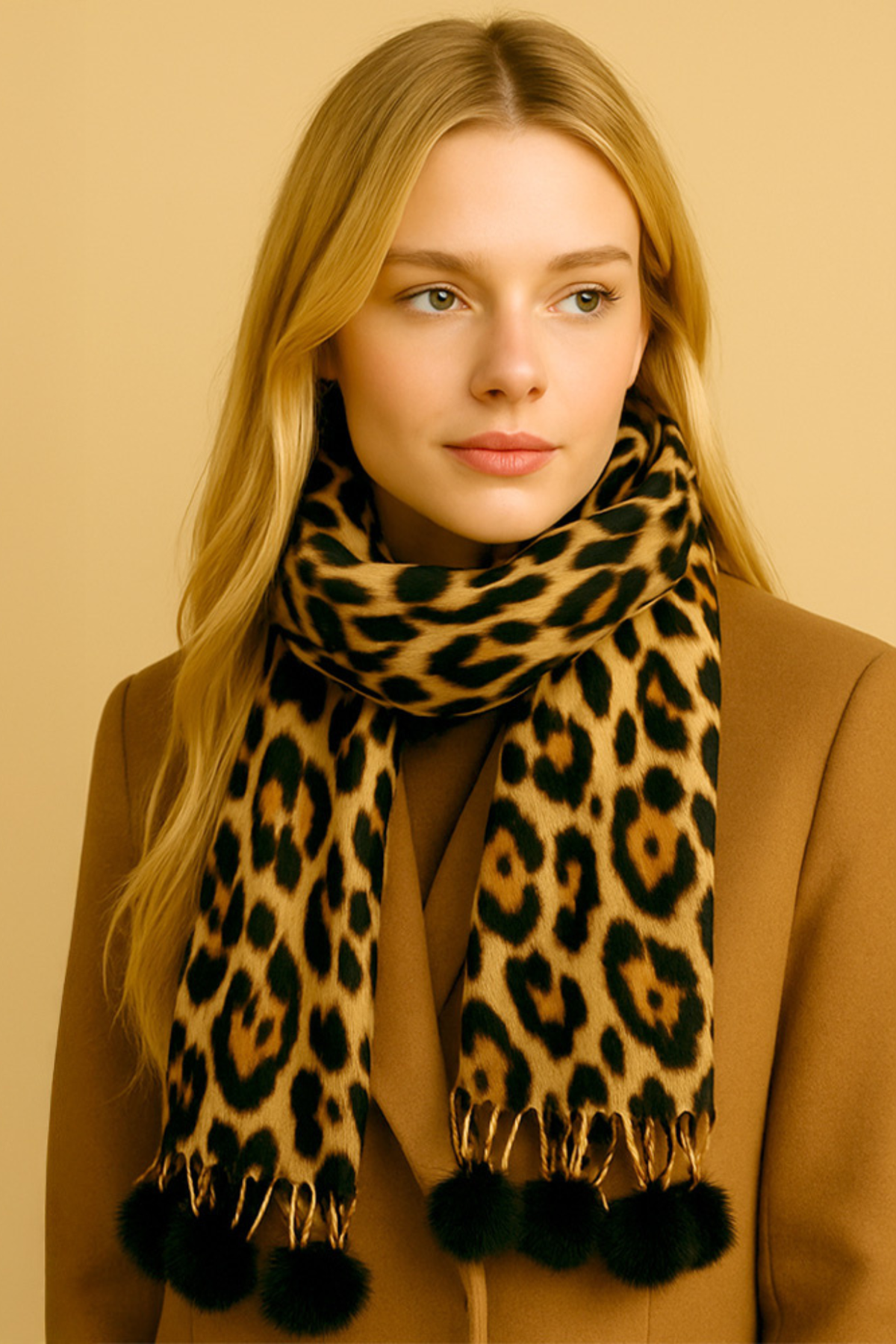 Pom Pom Tassel Trim Leopard Print Scarf