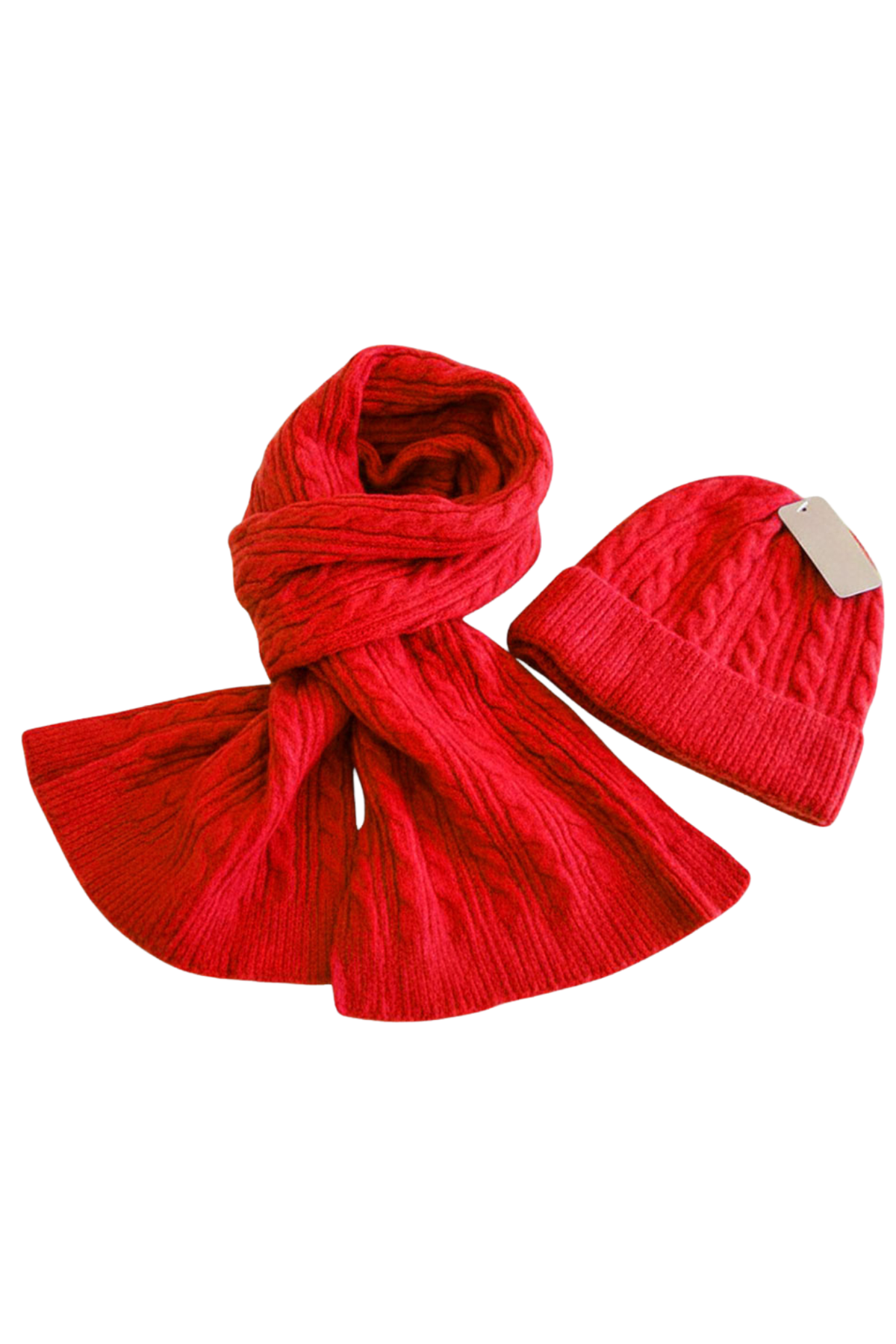 Red cable knit winter scarf and beanie set with ribbed trim – cozy 2-piece women's cold-weather accessory set.
