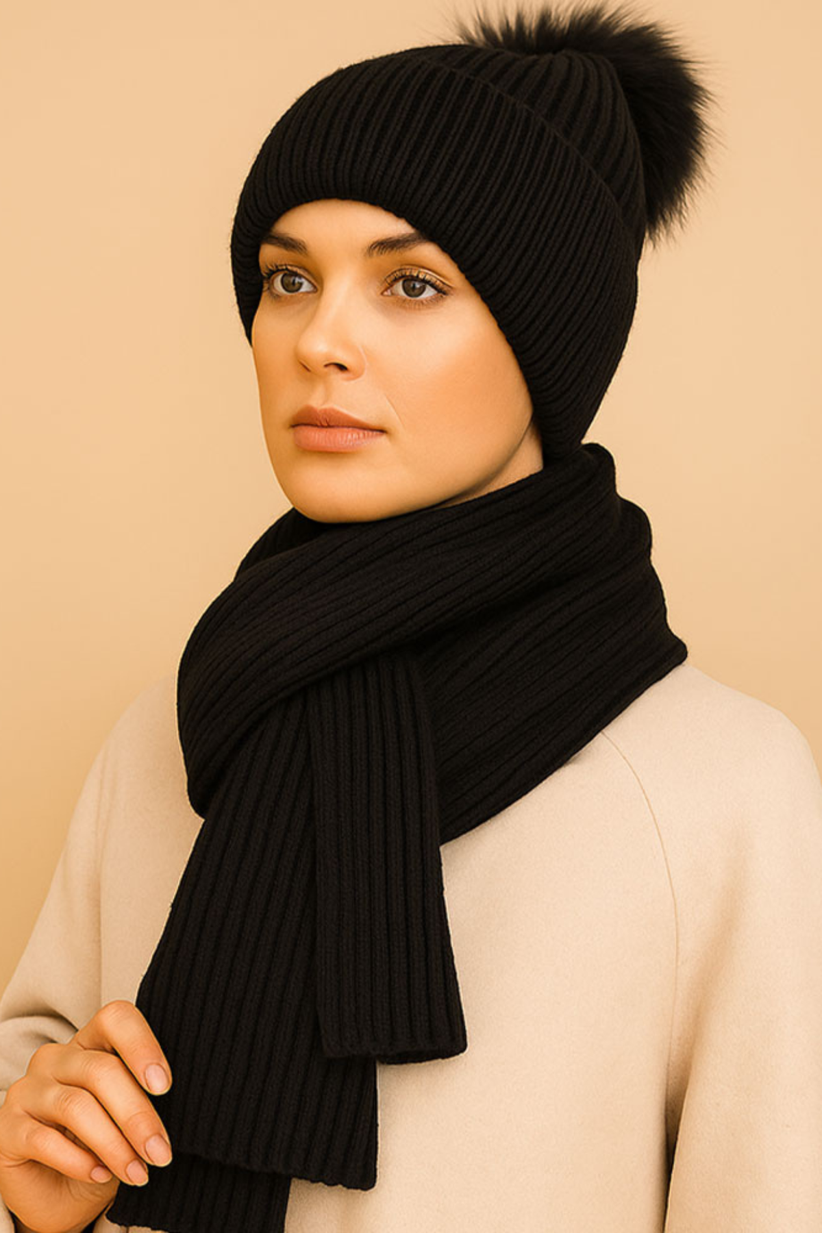 Woman wearing black ribbed knit scarf and genuine fur pom beanie winter set