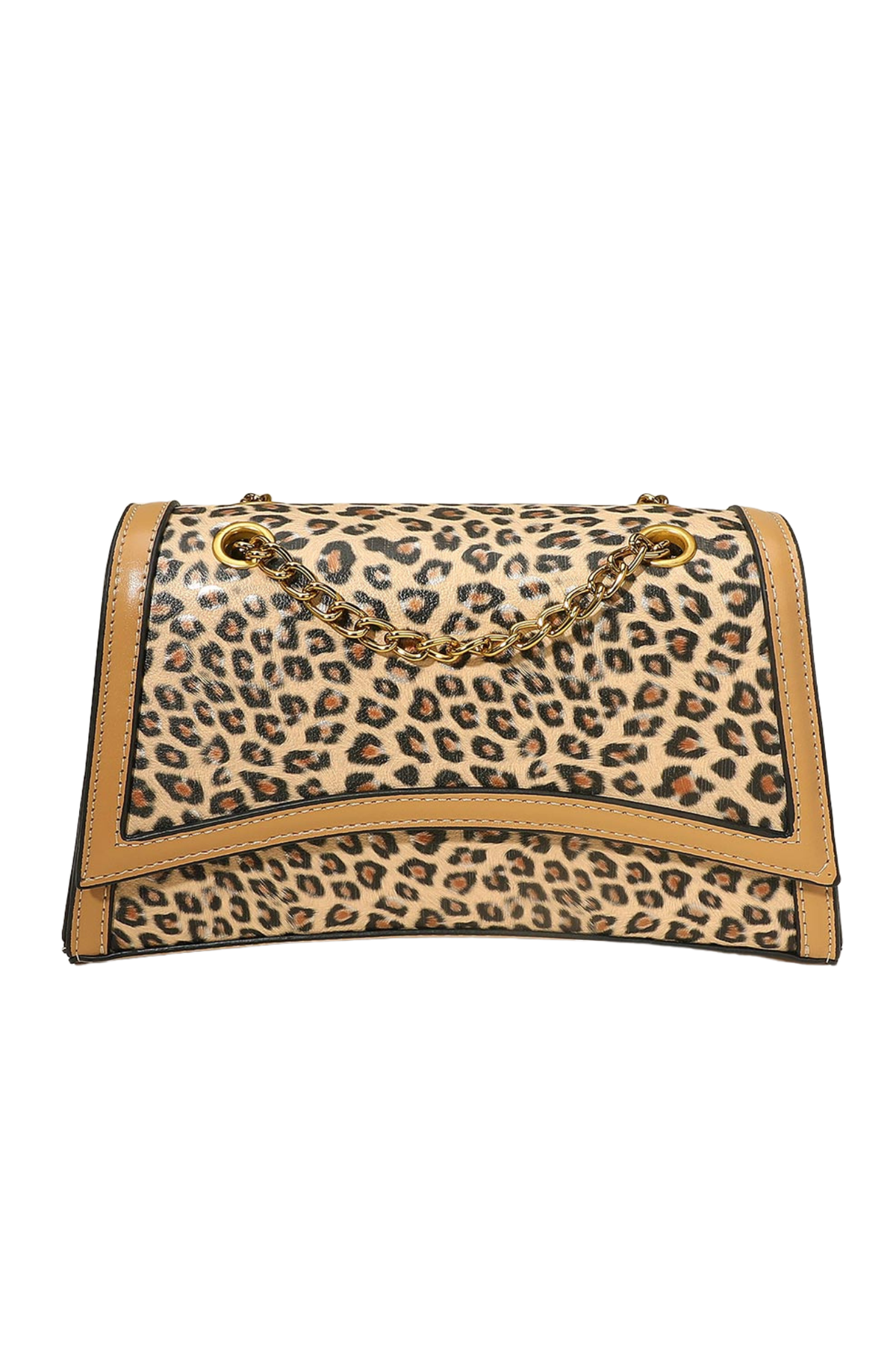 Leopard print faux leather structured crossbody bag with gold chain strap