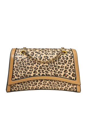 Leopard print faux leather structured crossbody bag with gold chain strap