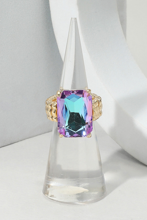 multicolor emerald-cut statement ring with faceted stone on gold stretch band