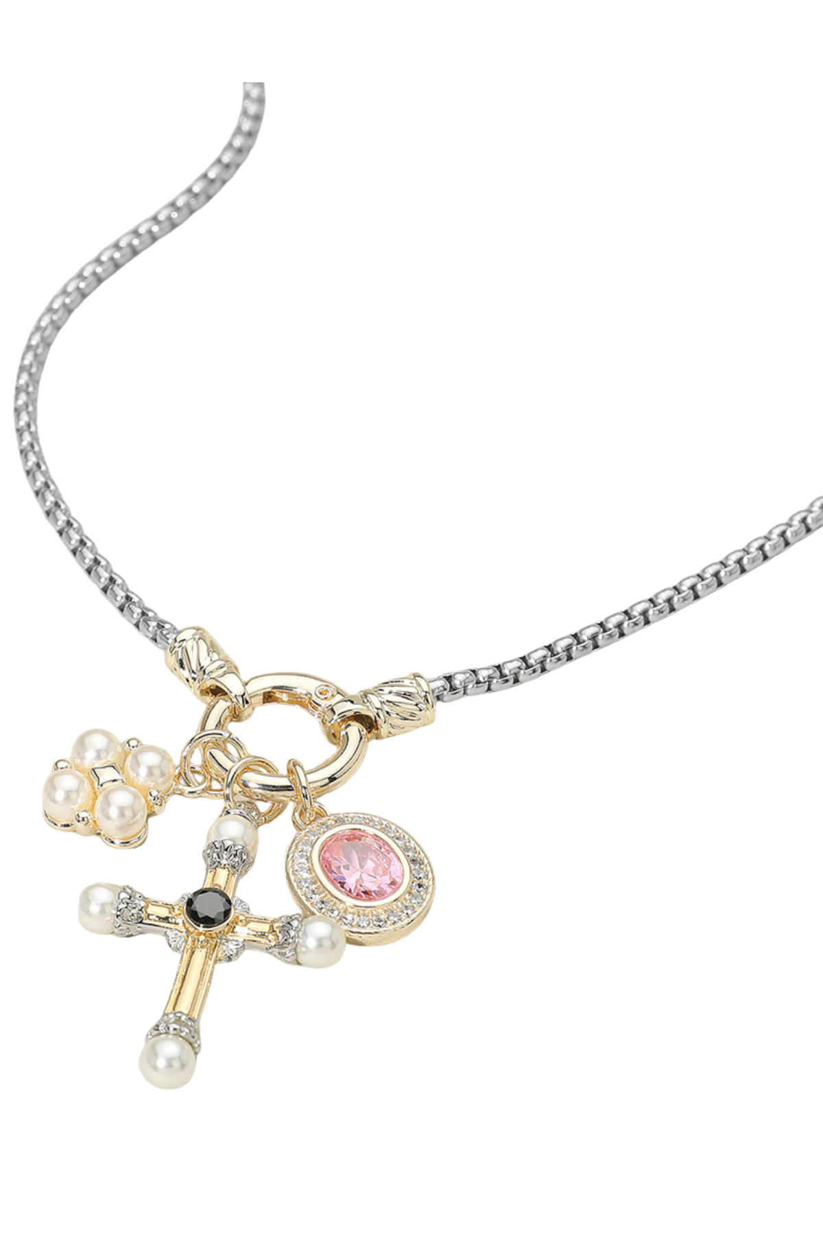 Two-tone charm necklace with cross, pearl cluster, and pink CZ pendant