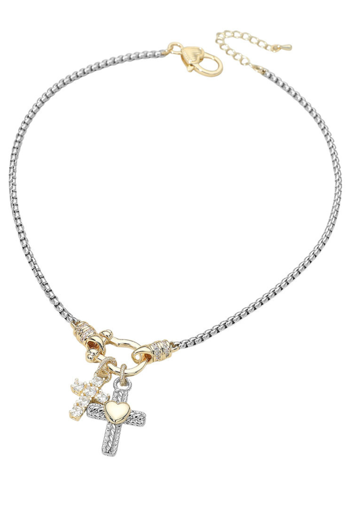 Two tone cross and heart charm necklace with CZ accents on adjustable chain