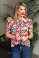 THML: Amya Mixed Print Ruched Sleeve Top