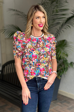 THML: Amya Mixed Print Ruched Sleeve Top