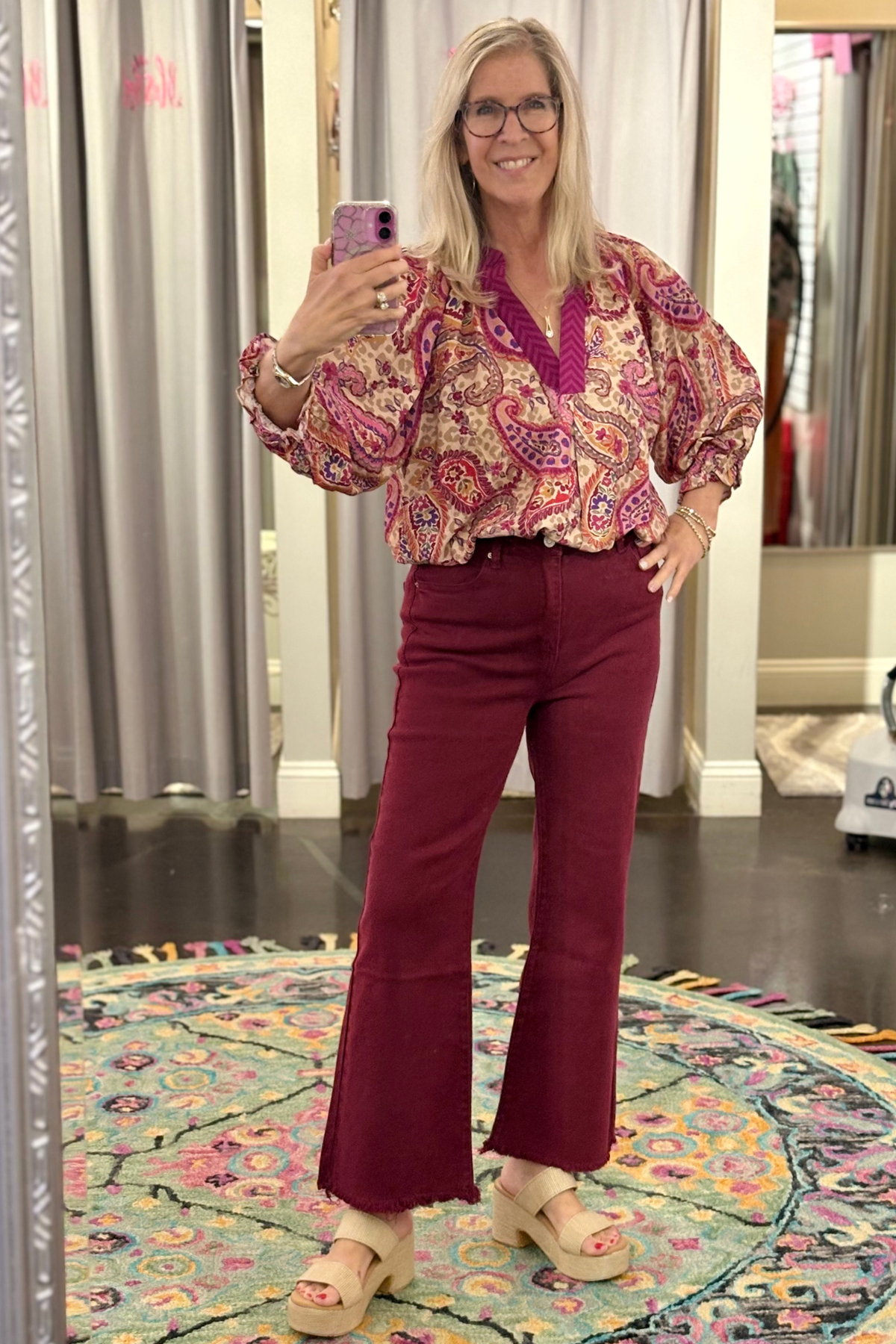 Everyday Cropped Flare Denim – Dark Burgundy