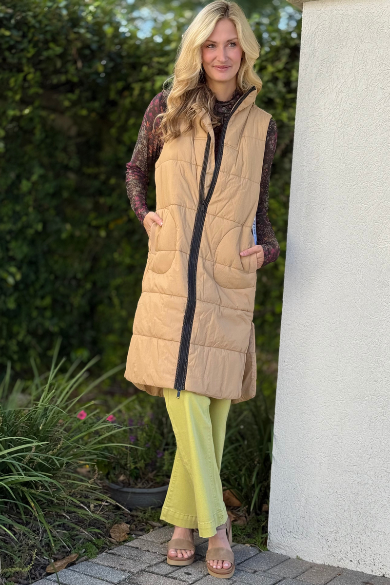 Detail of quilted fabric on Tribal Longline Zip-Front Vest