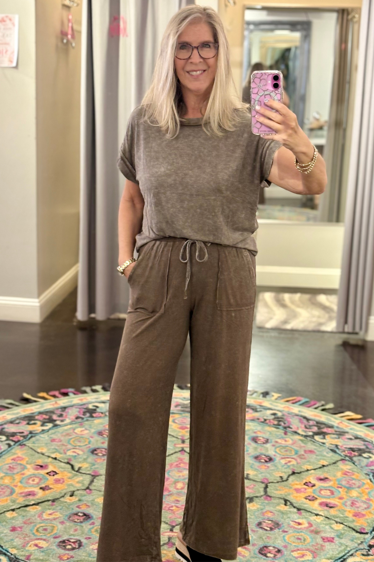 Mineral Wash Wide Leg Lounge Set in Brown