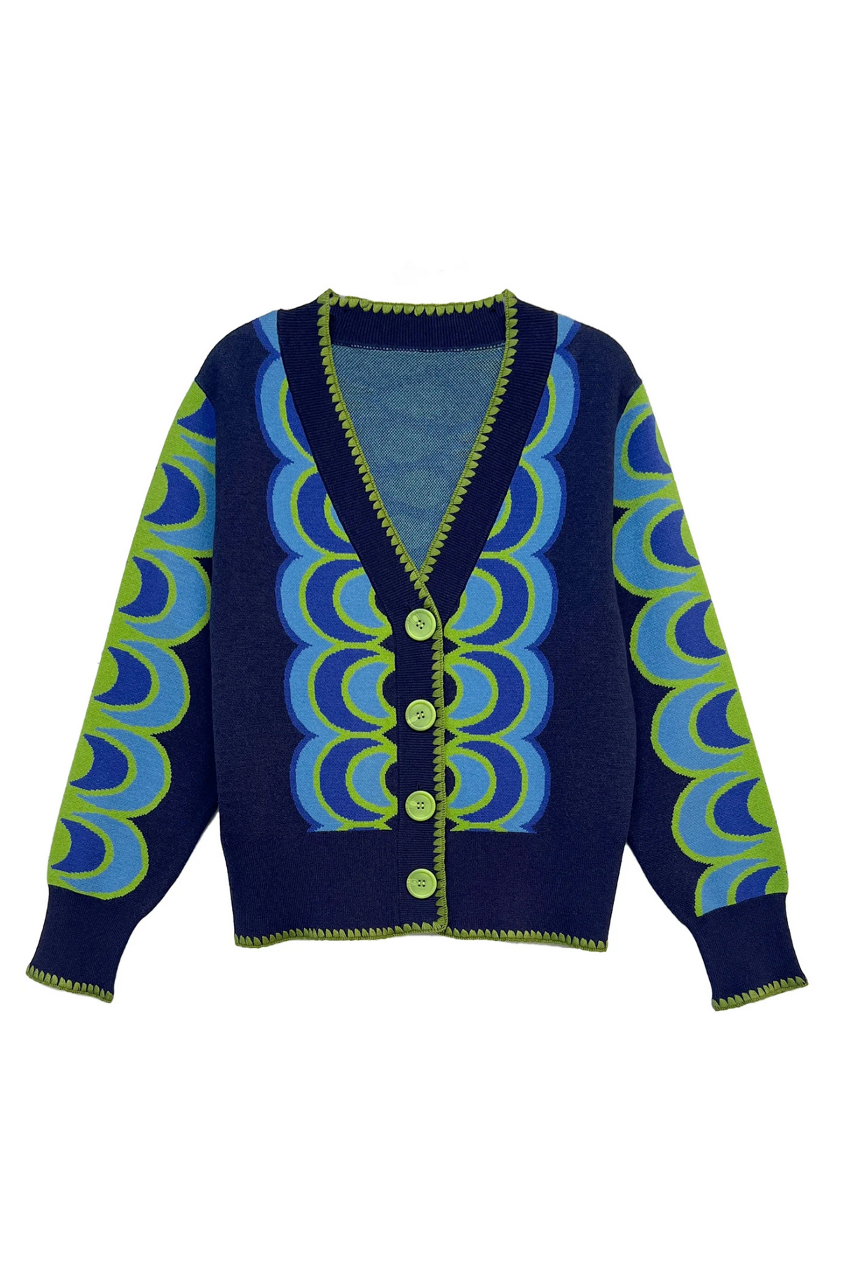 Close-up of button and trim detail on Lesley Evers Marci Cardigan