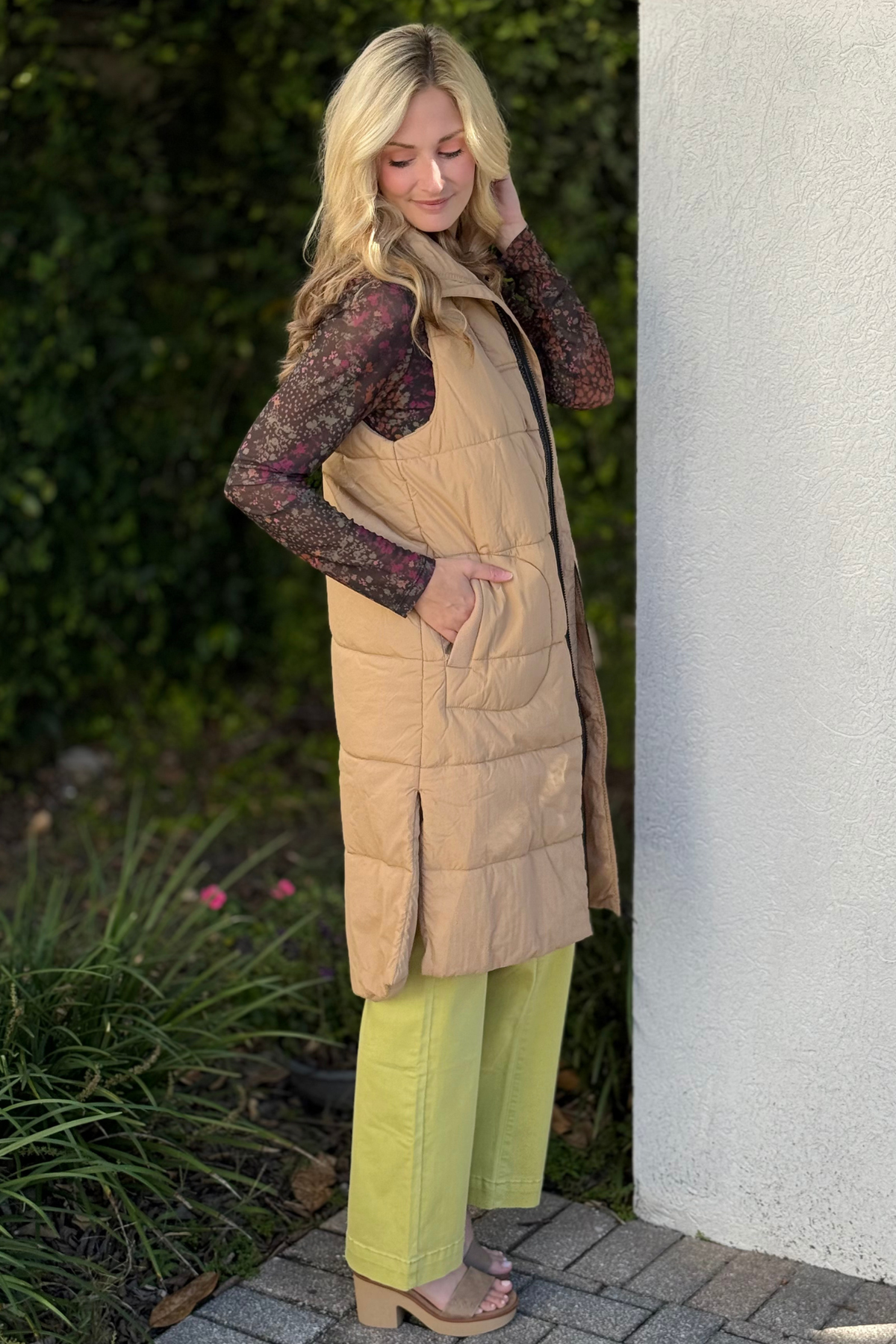 Back view of Tribal Longline Quilted Zip-Front Vest in Icelatte