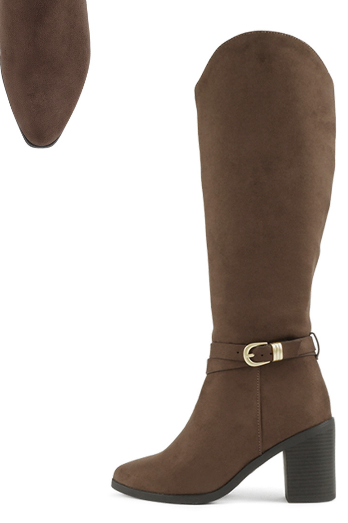 AMELIA Chocolate Microsuede Knee High Boots with Gold Buckle and Block Heel
