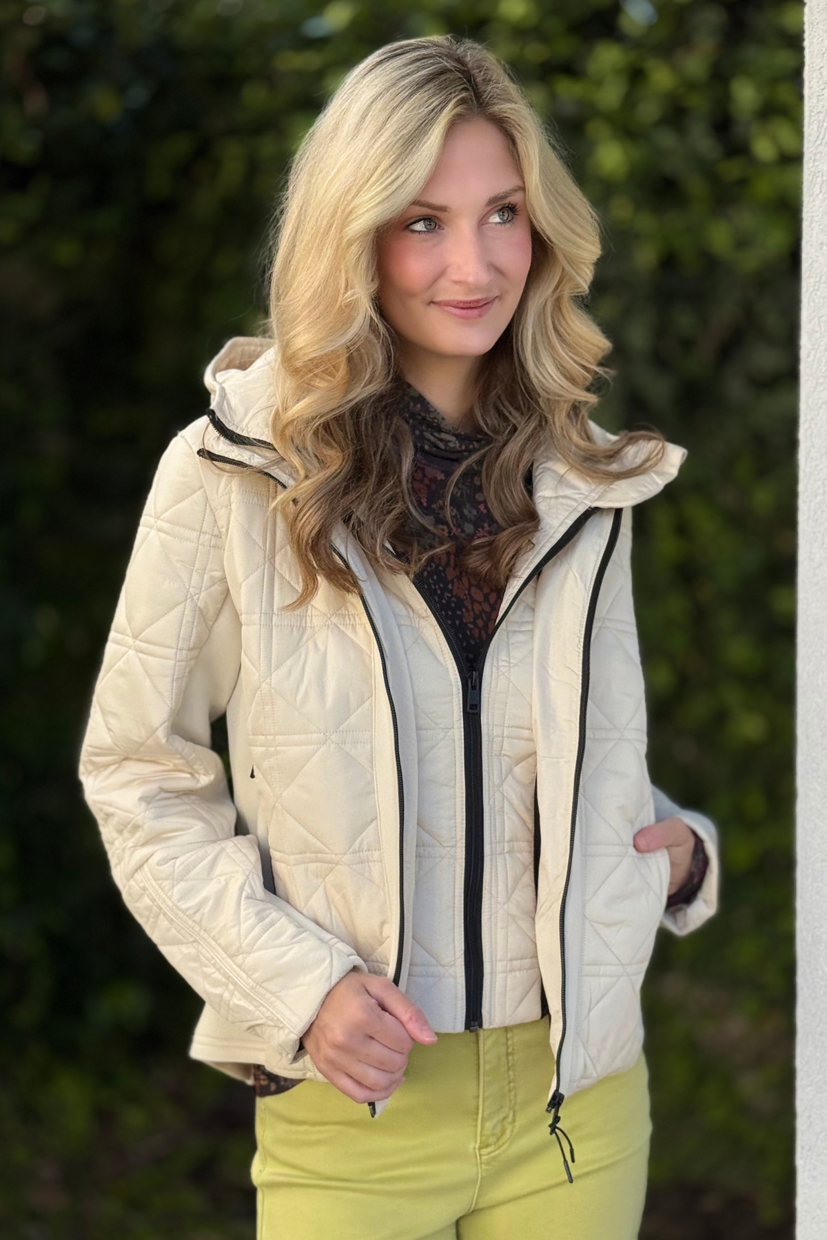 Detail of removable hood and zip-front closure on Tribal jacket