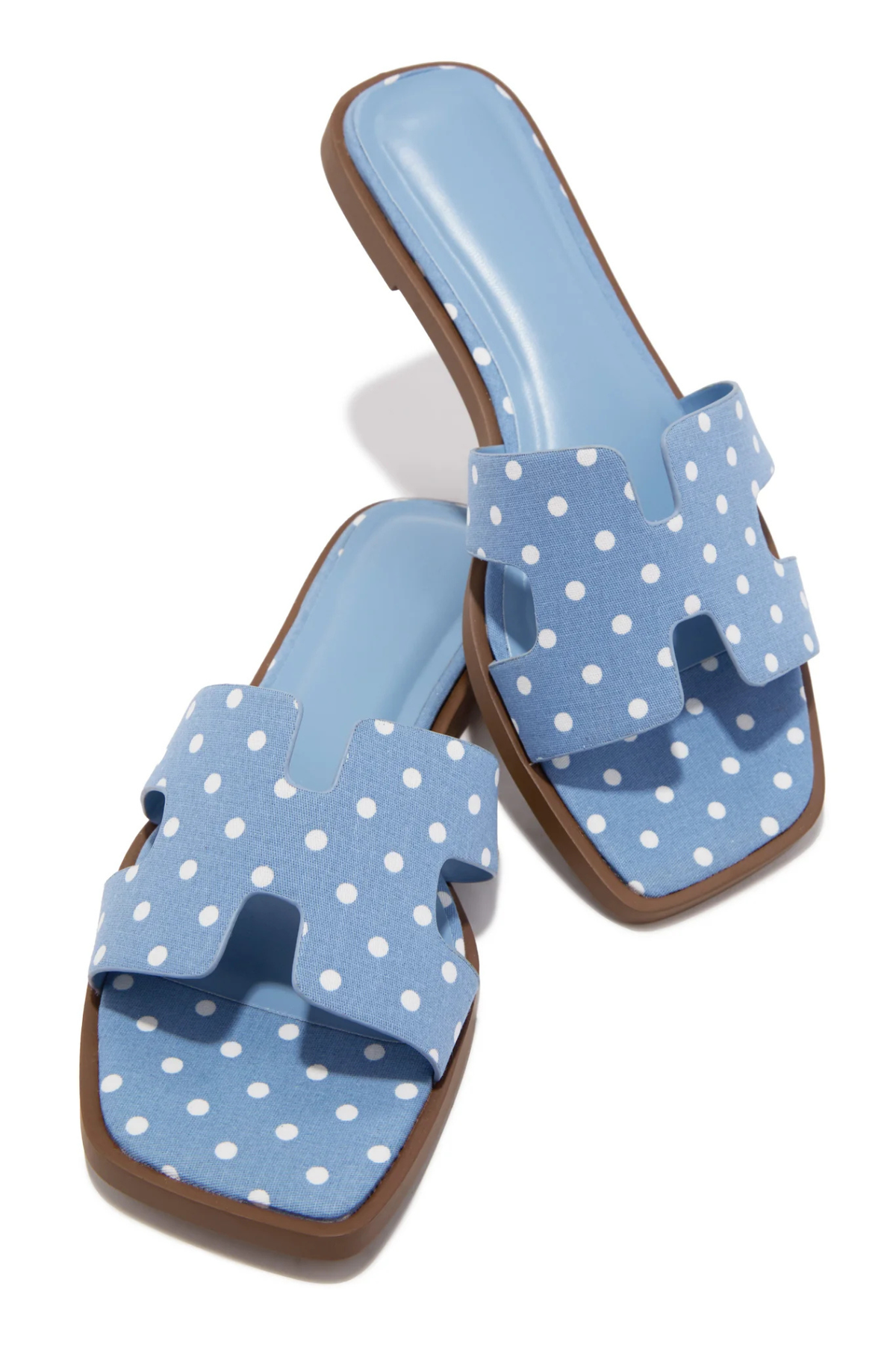 Blue polka dot square toe slide sandals for women