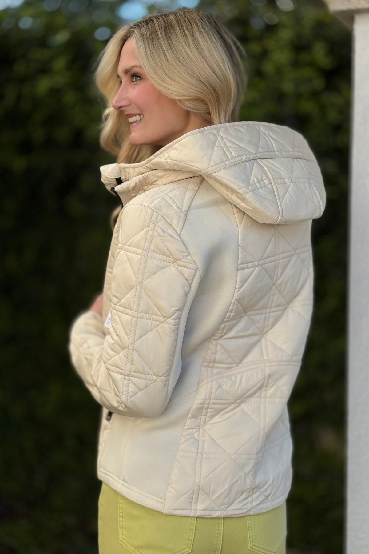 Back view of Tribal Textured Puffer Jacket in Moonstone