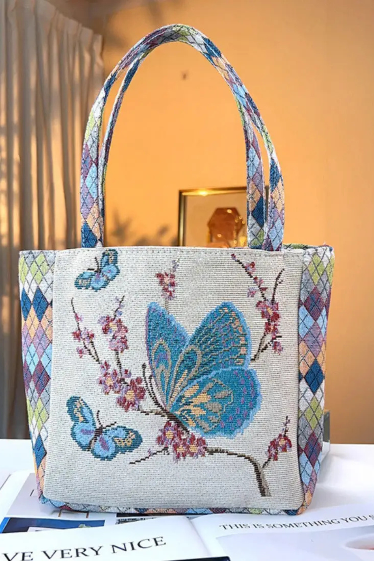 Blue Butterfly Blossom Woven Tote