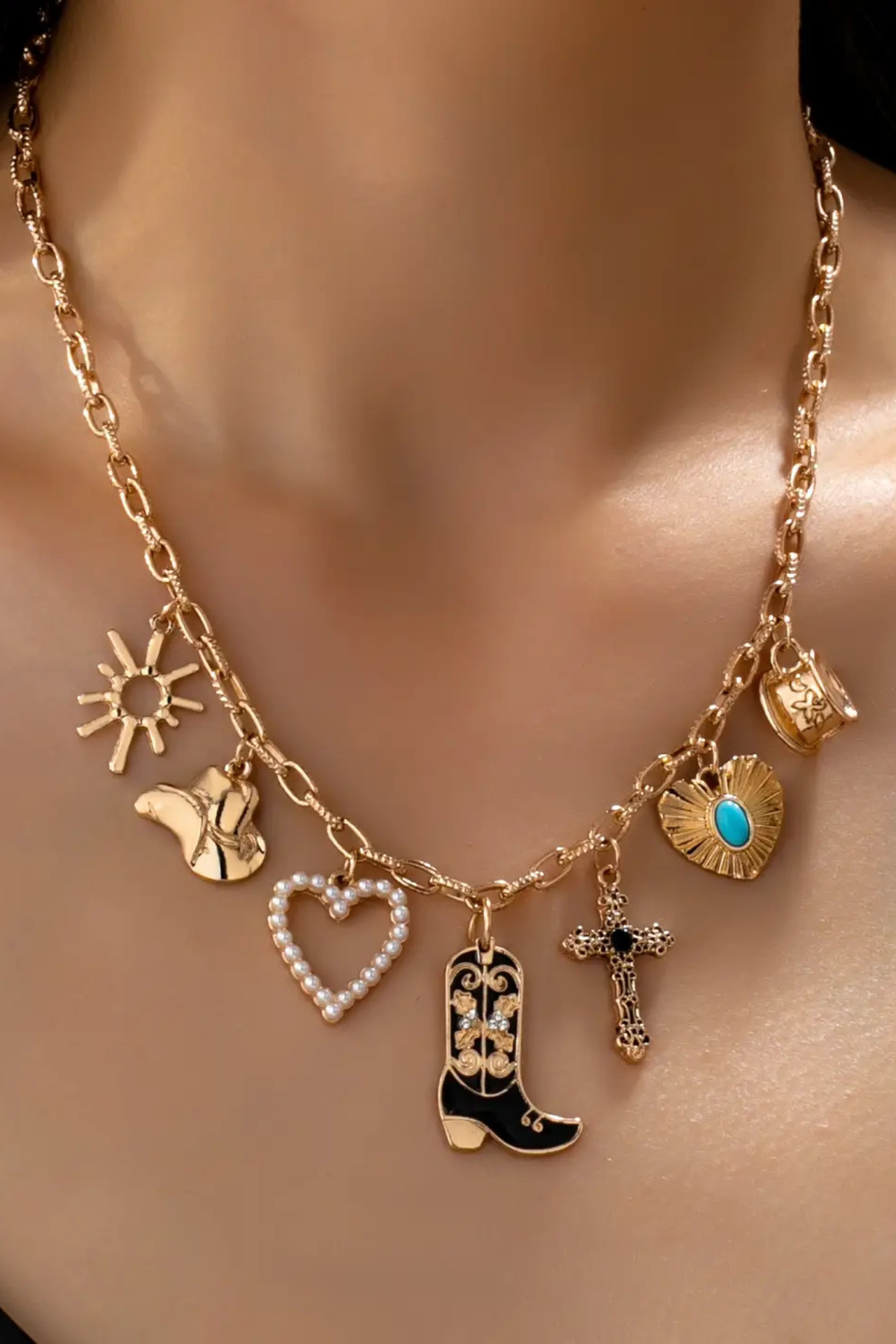western charm necklace with cowboy boot and heart