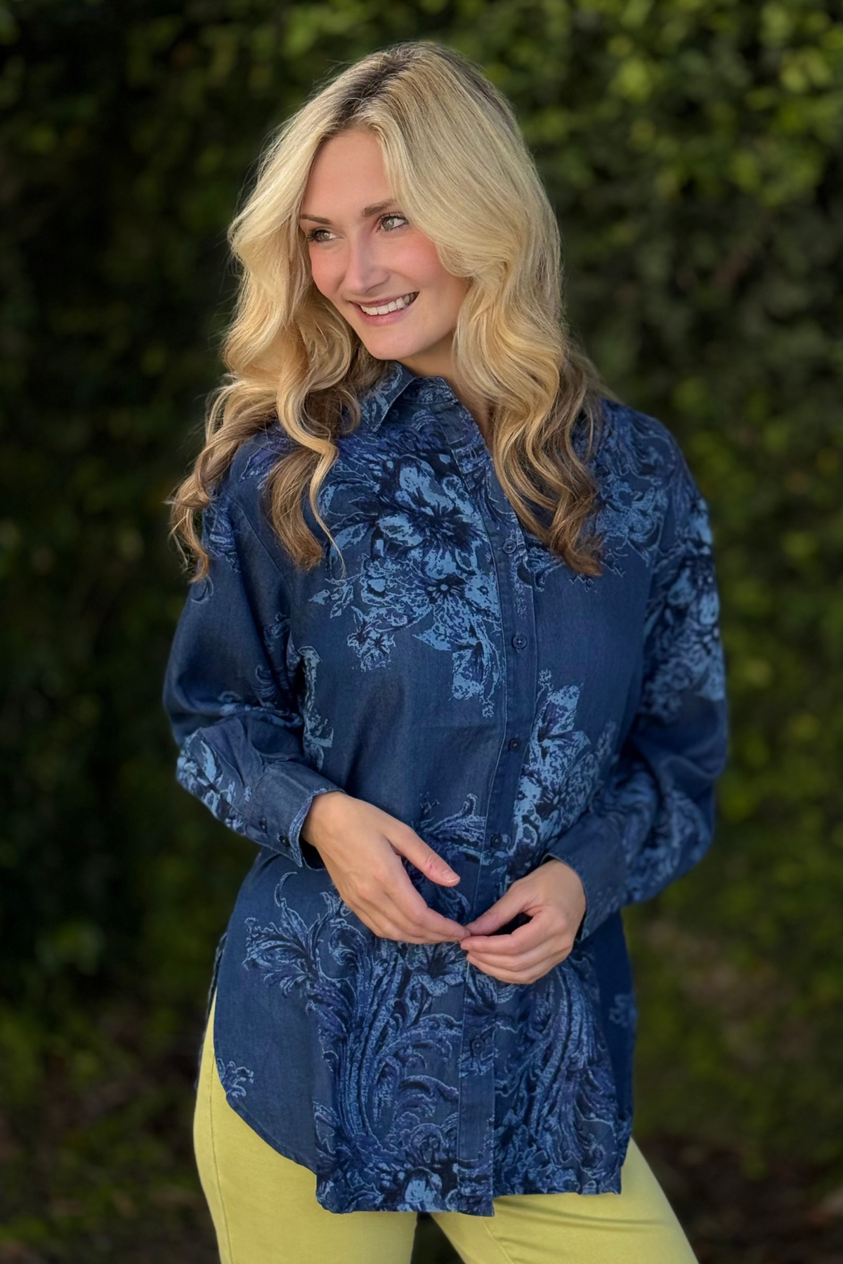 Front view of Tribal Tencel Printed Button-Up Chambray Blouse