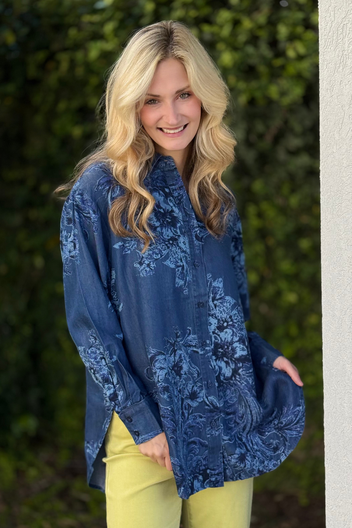 Close-up of printed chambray fabric and collar detail