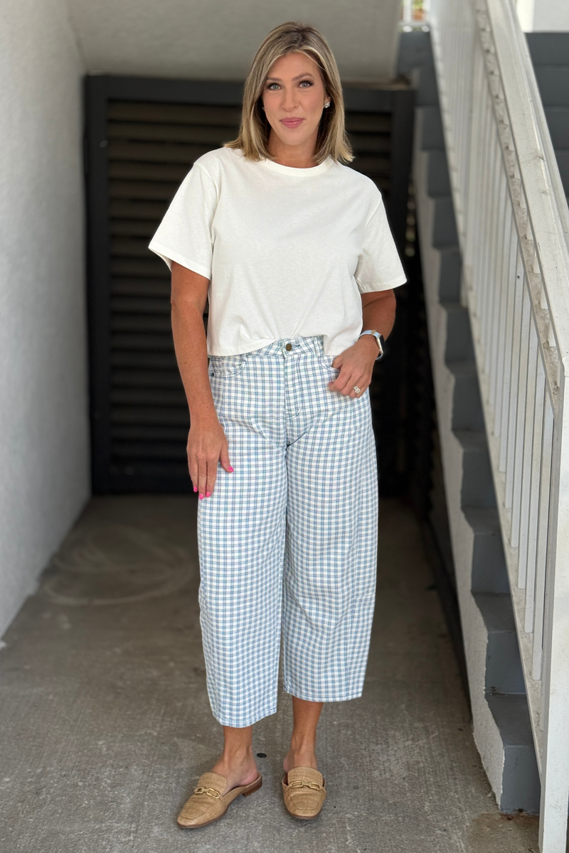 Blue mini check cotton barrel pants with ankle-length silhouette