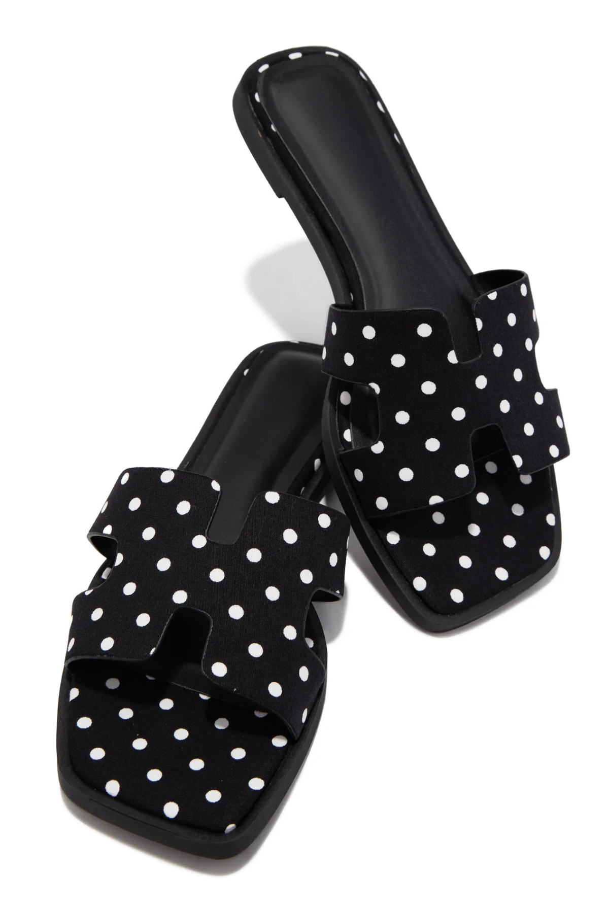 Black polka dot square toe slide sandals for women