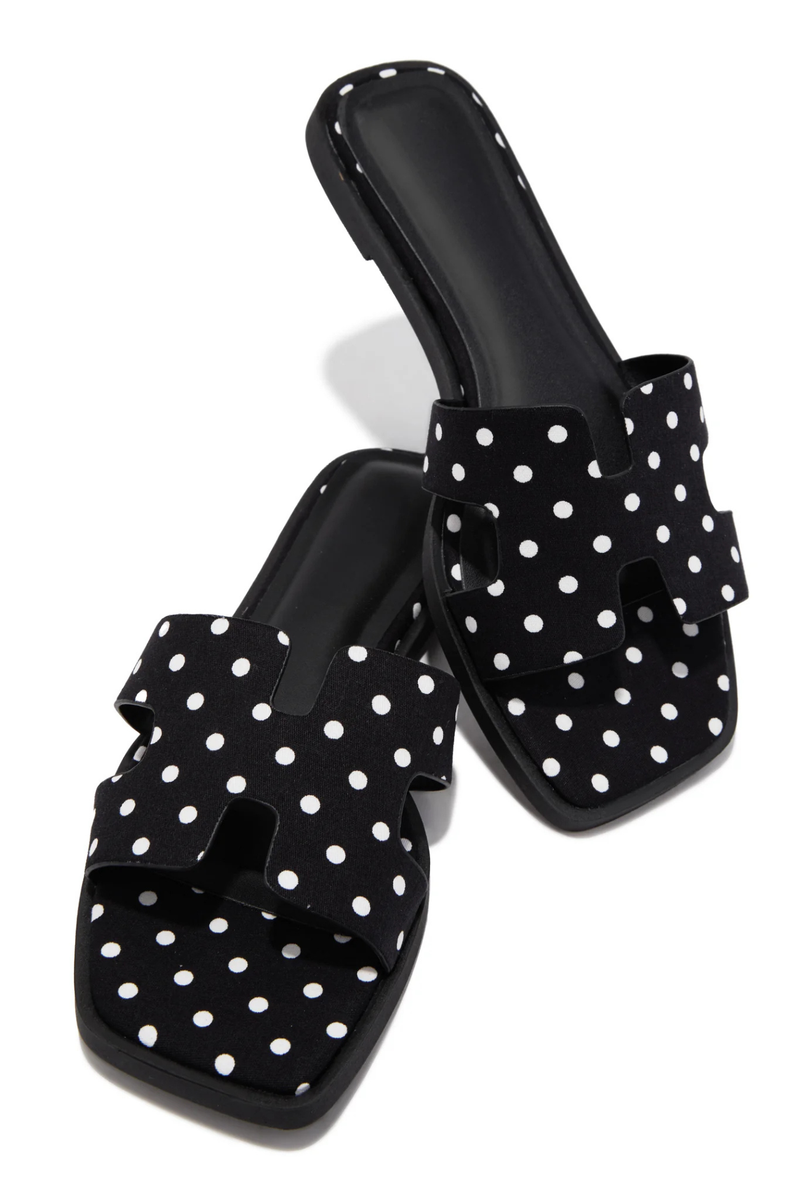 Black polka dot square toe slide sandals for women