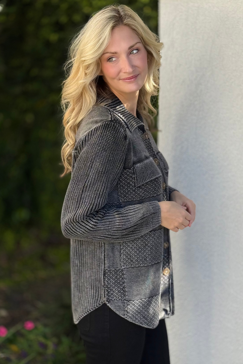 Close-up of contrast horn buttons on Black sweater cardigan