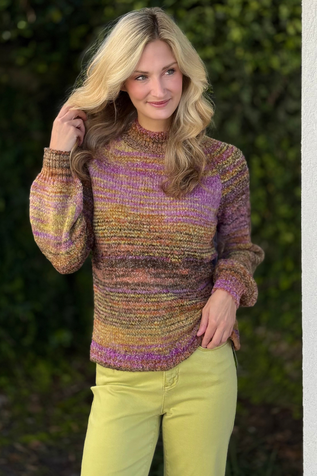 Close-up of boucle knit texture on Cameo sweater