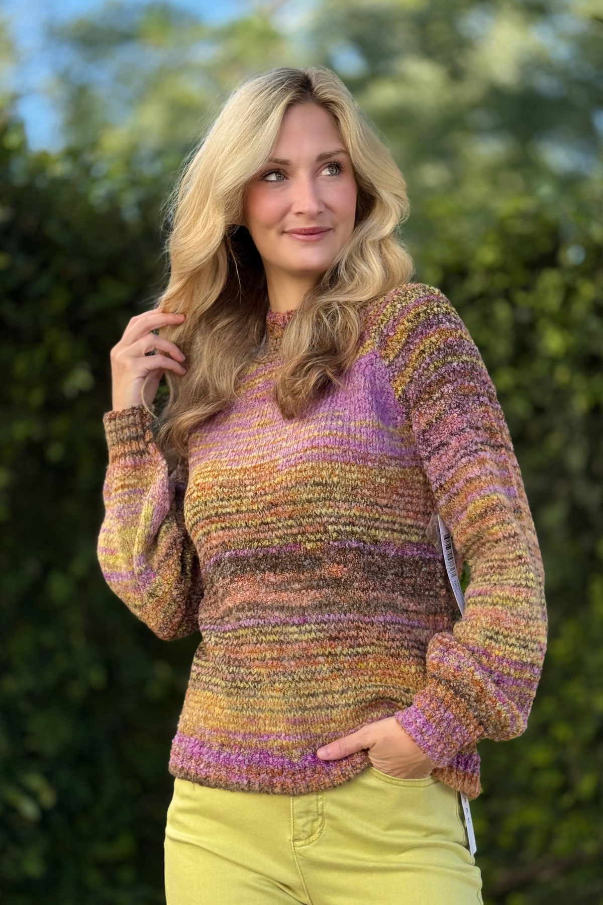 Front view of Tribal Boucle Yarn Mock Neck Puff Sleeve Sweater in Cameo