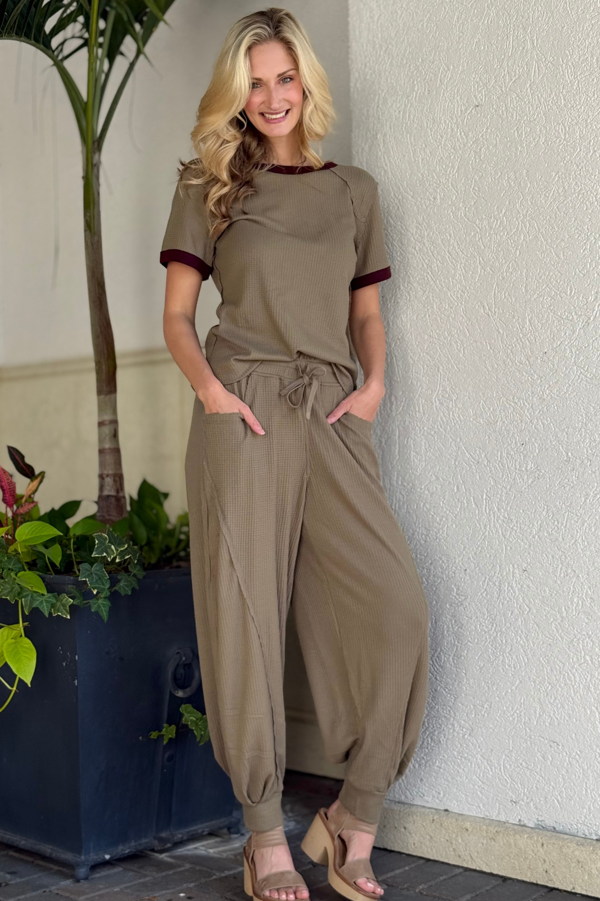 Model wearing the Waffle Contrast Cocoon Lounge Set full outfit