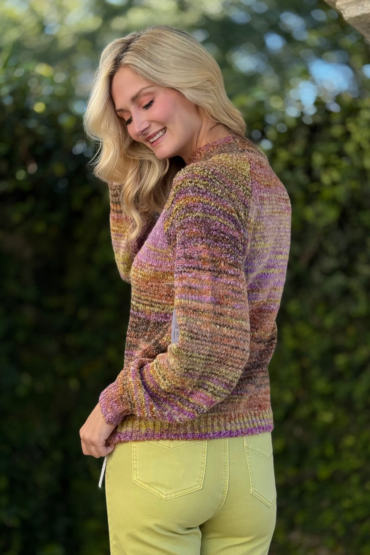 Back view of Tribal Boucle Yarn Sweater in Cameo
