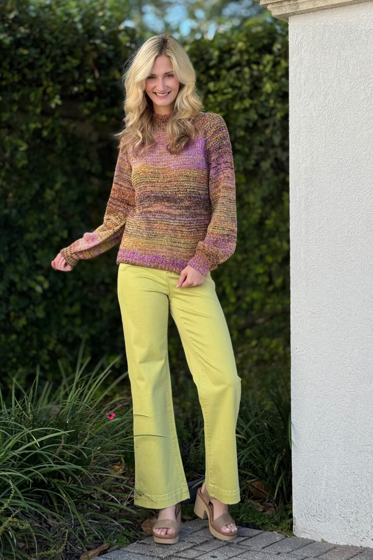 Front view of Tribal Comfort Stretch Fly Front Wide Leg Pants in Leek