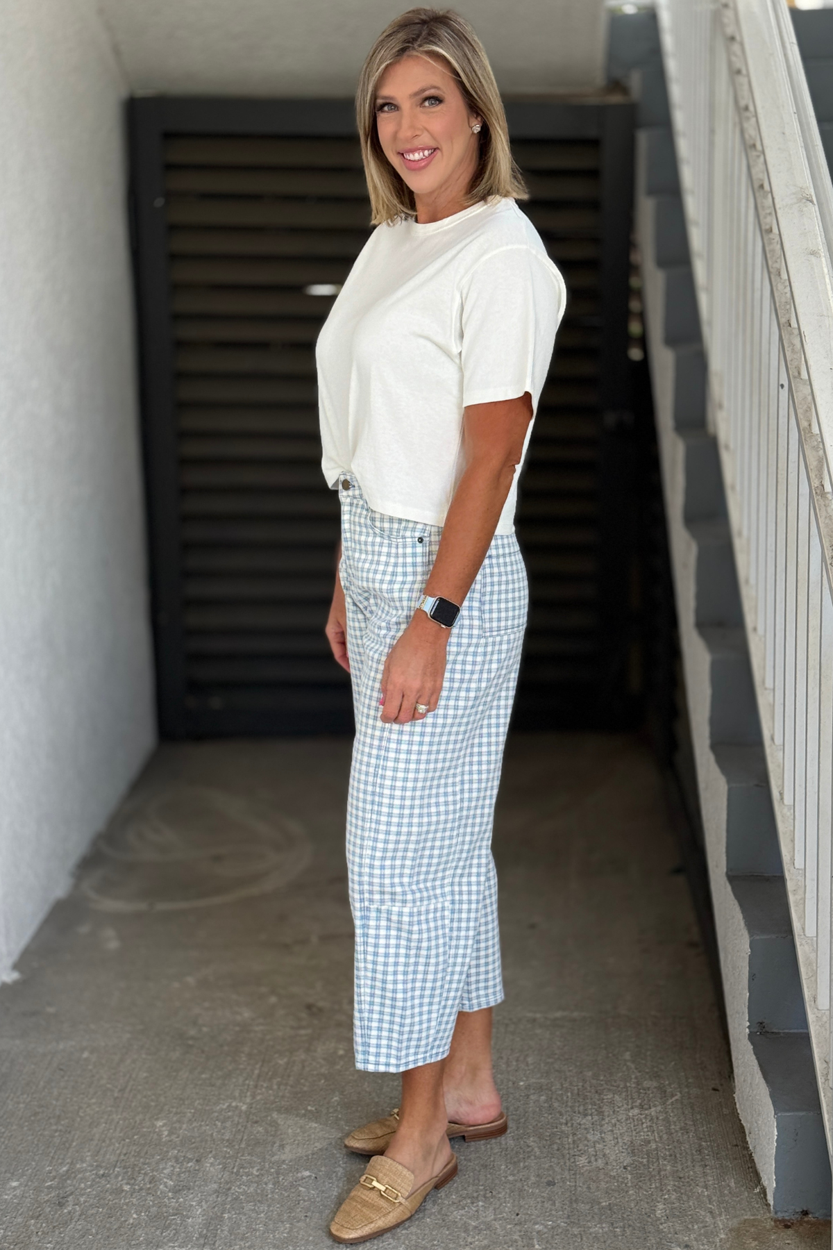 Women's Blue Check Barrel Pants with high-rise fit
