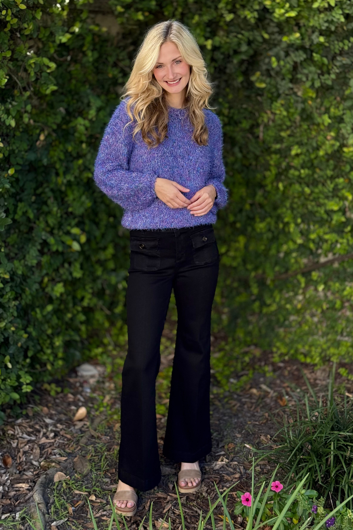 Front view of Tribal Brooke Comfort Stretch High Rise Palazzo Trousers in Just Black