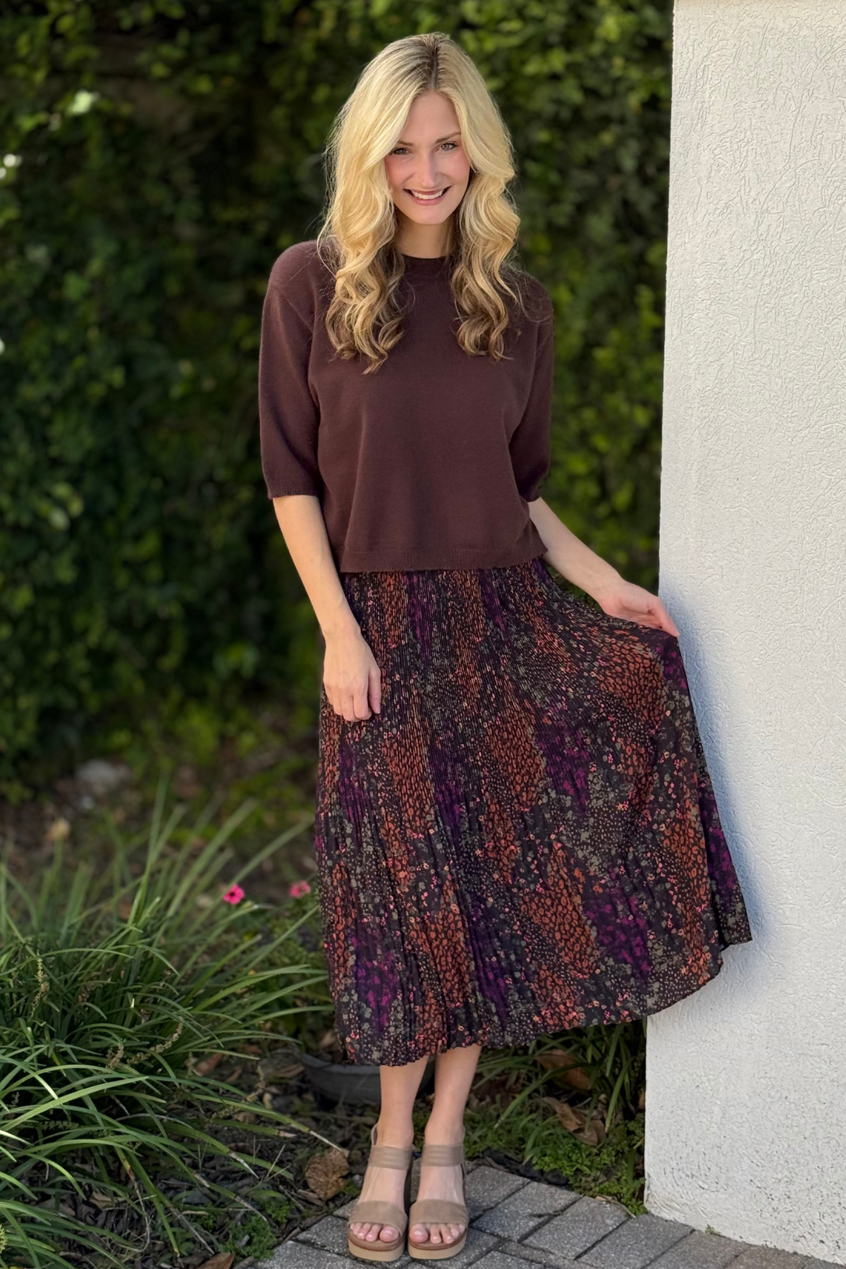 Front view of Tribal Flowy Plissé Printed Skirt in Plumwine