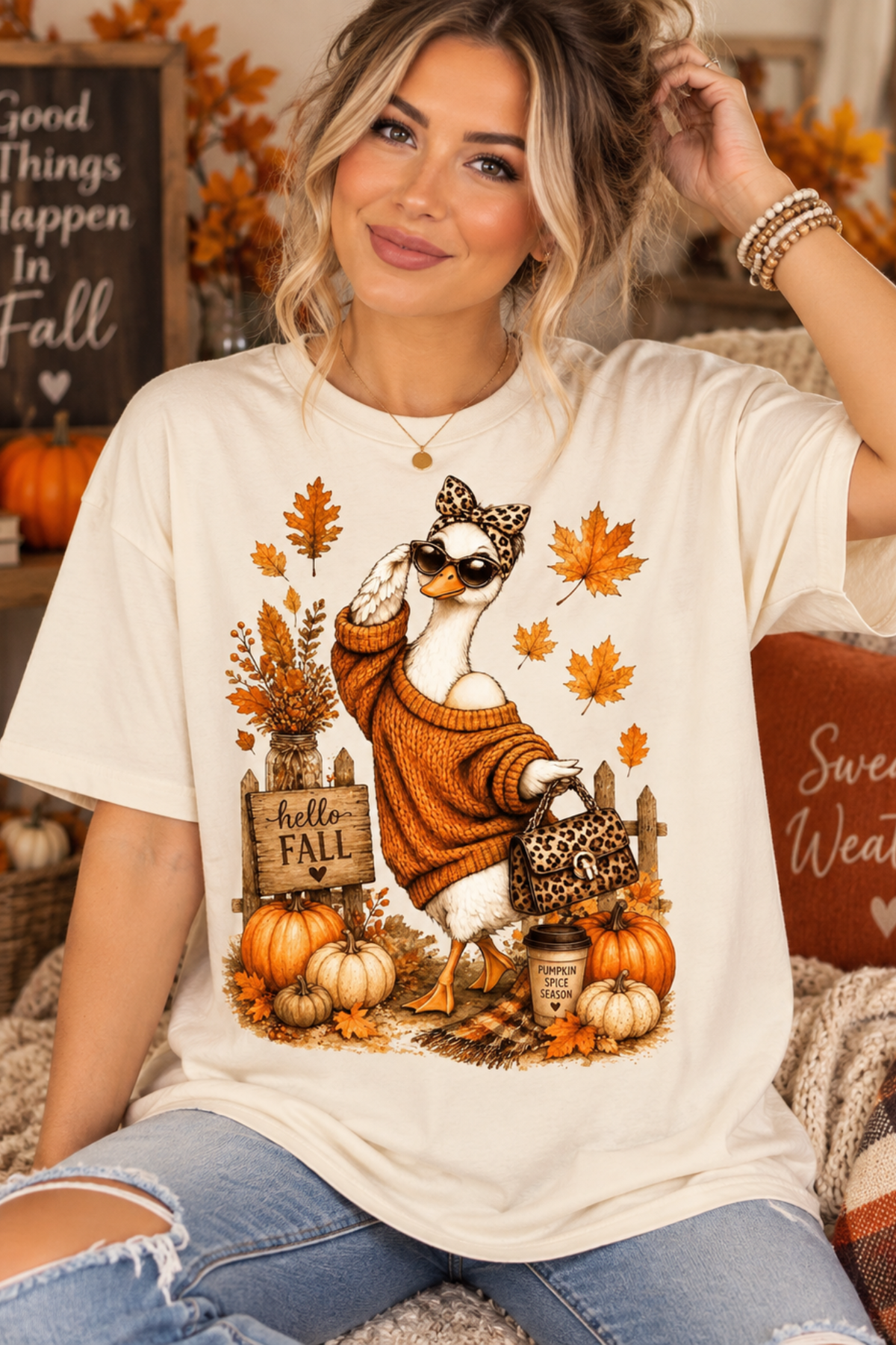 Hello Fall Glam Goose Comfort Colors graphic tee in Ivory