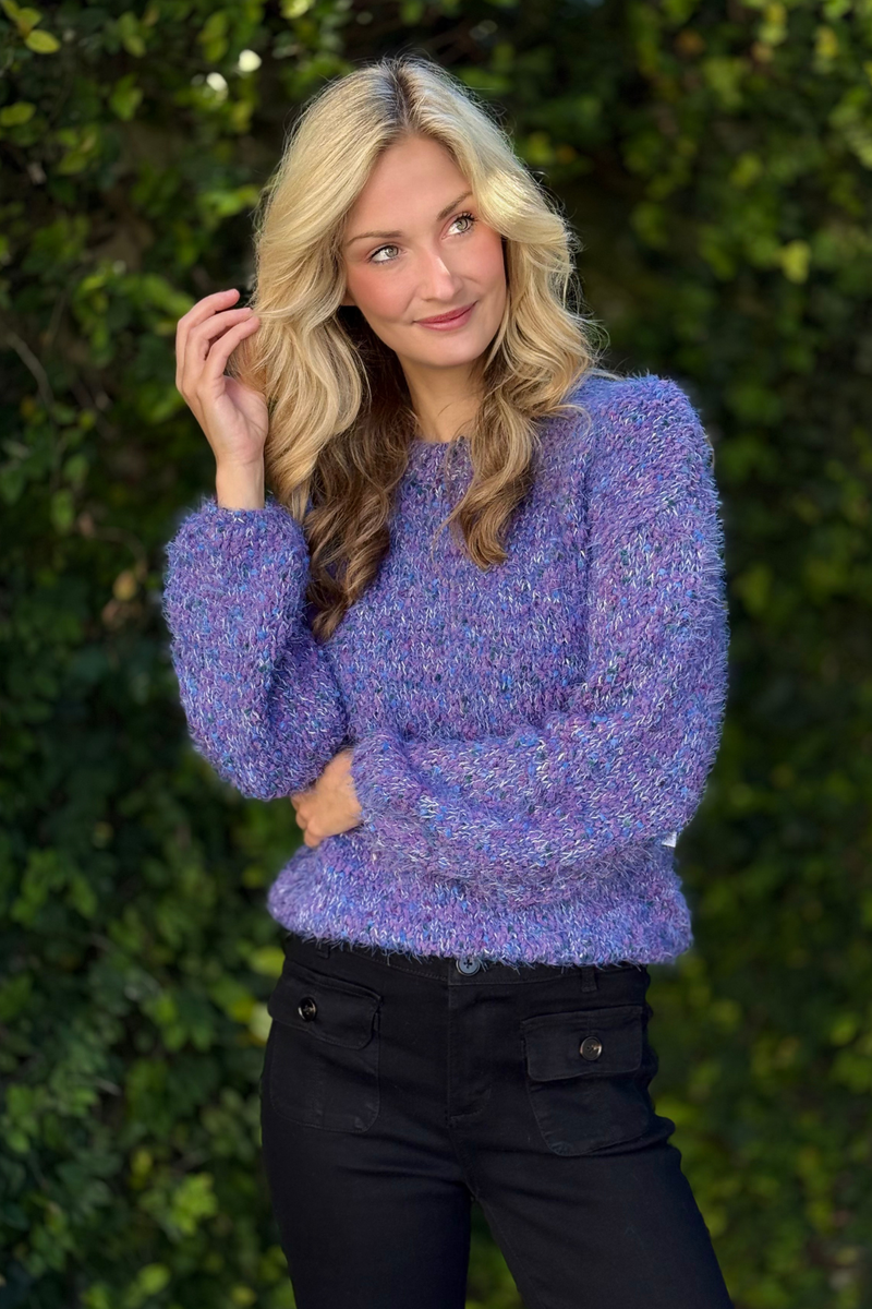 Front view of Tribal Fuzzy Eyelash Drop Shoulder Puff Sleeve Sweater in M Blue Violet