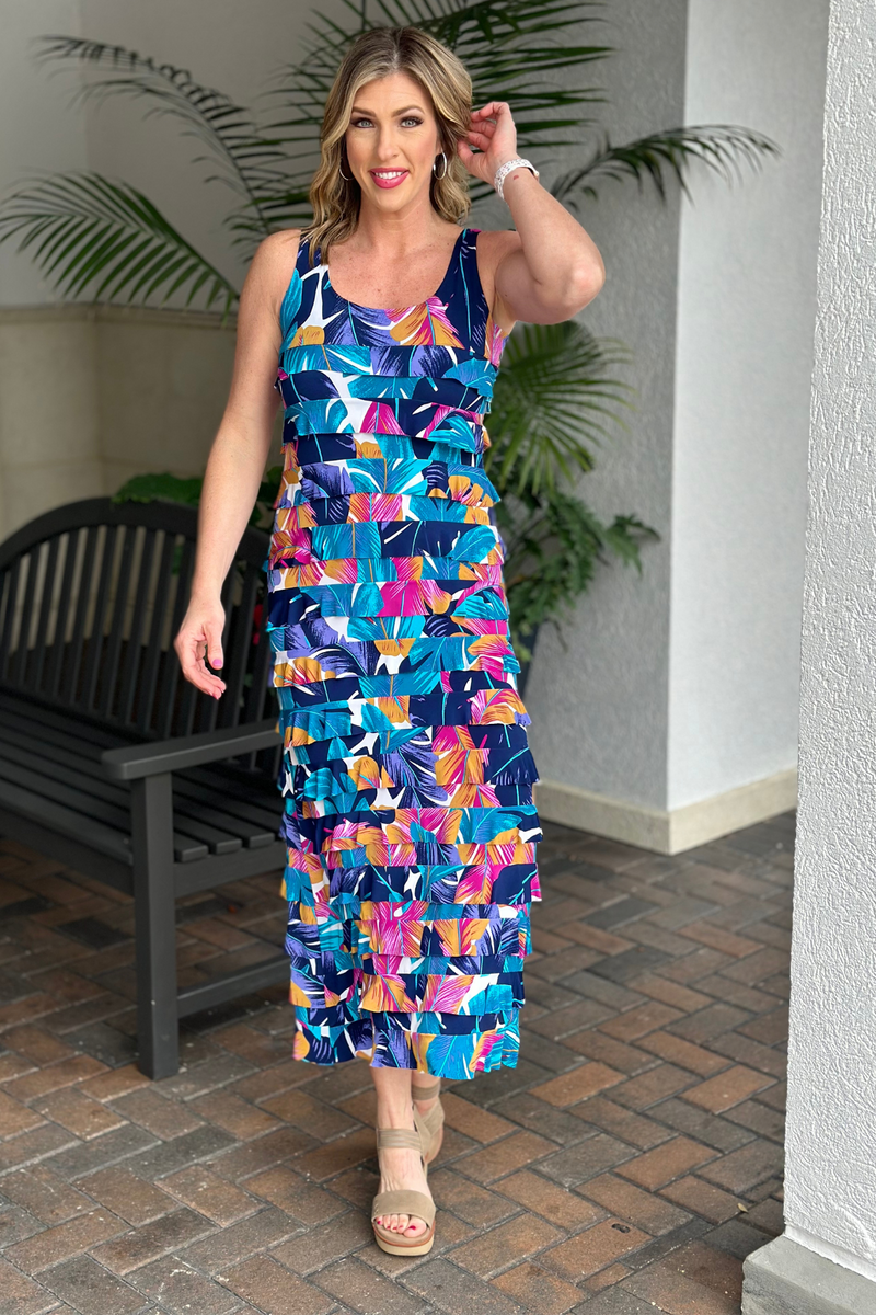 Bora Bora Long Ruffle Maxi Tropical Print Dress
