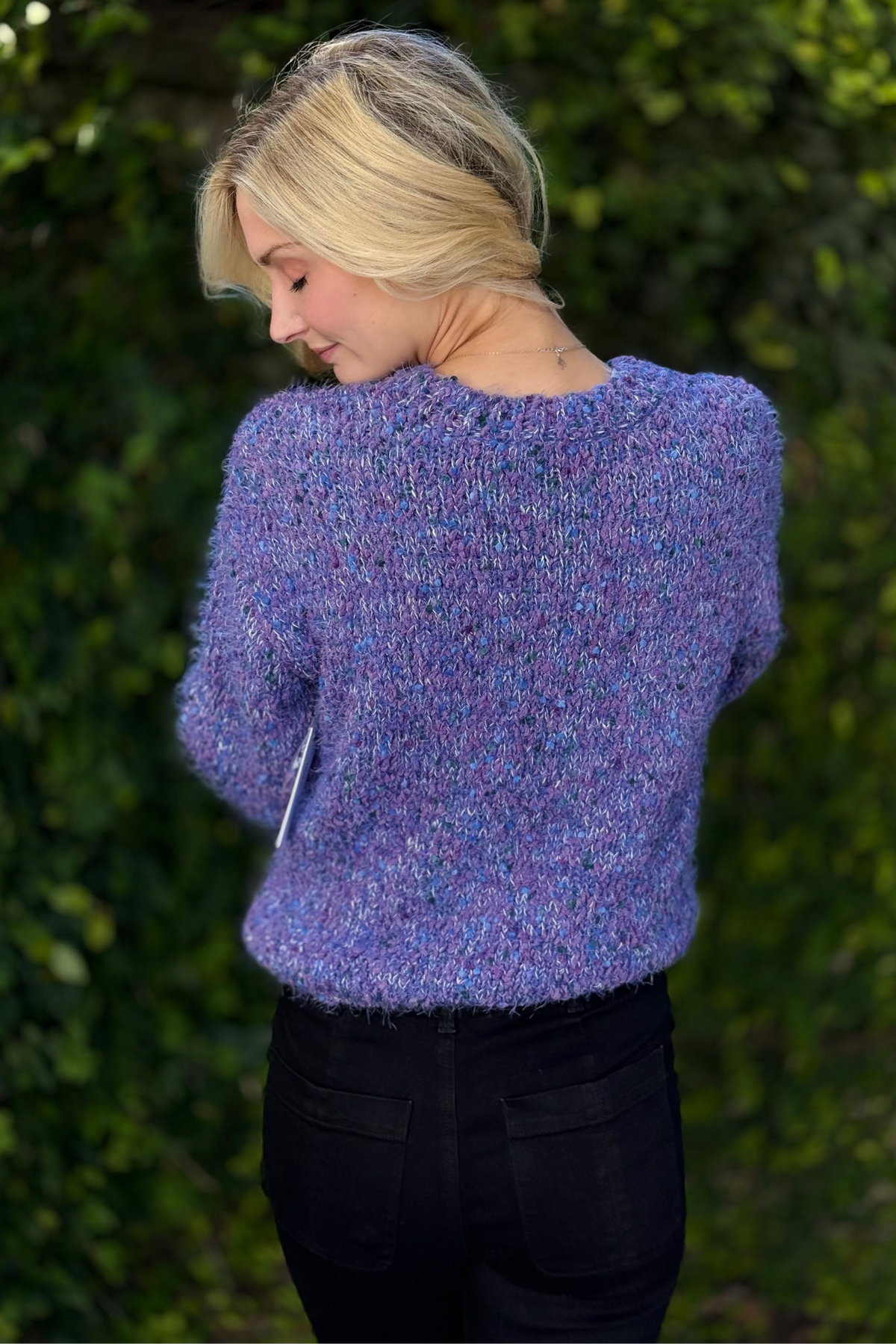 Back view of Tribal Fuzzy Eyelash Puff Sleeve Sweater in M Blue Violet
