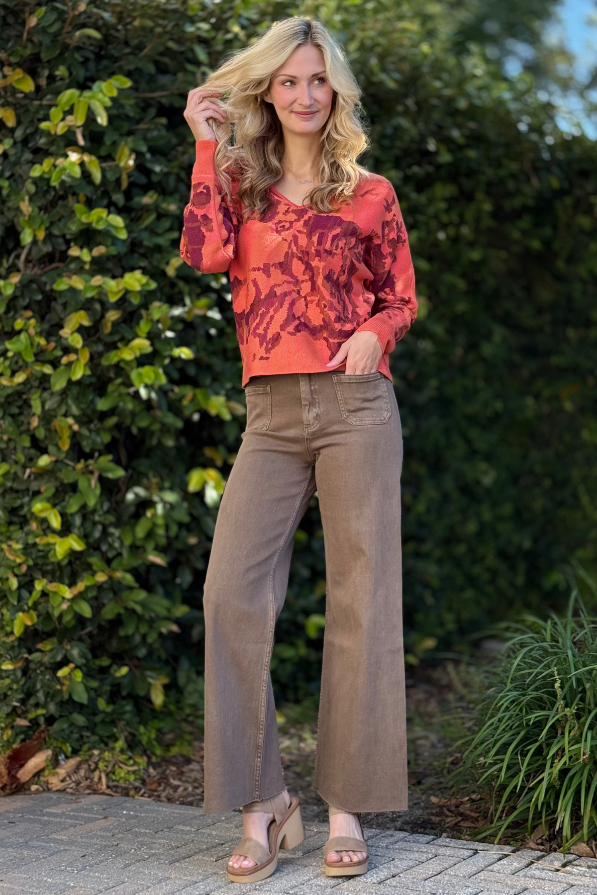 Front view of The Cloudwalk Denim Pants in washed brown