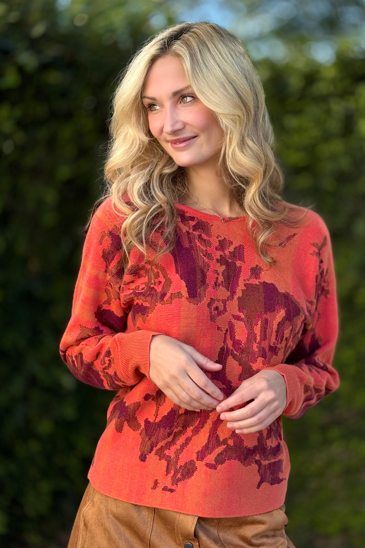 Front view of Tribal Wear-Two-Ways Soft Viscose Printed Sweater in Coralblaze