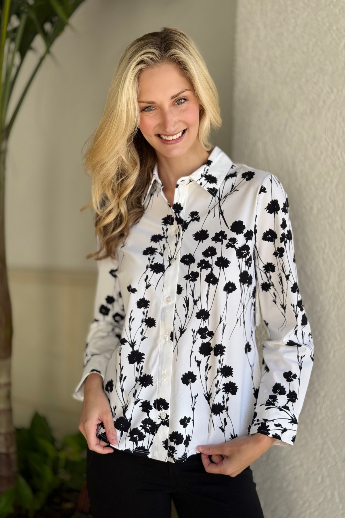 Model wearing Liverpool White & Black Blooms Button Front Knit Shirt