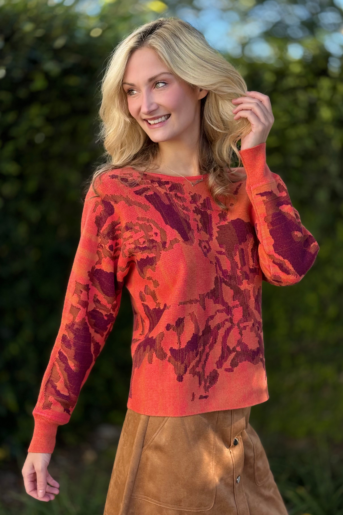 Detail of printed eyelash yarn texture on Coralblaze sweater