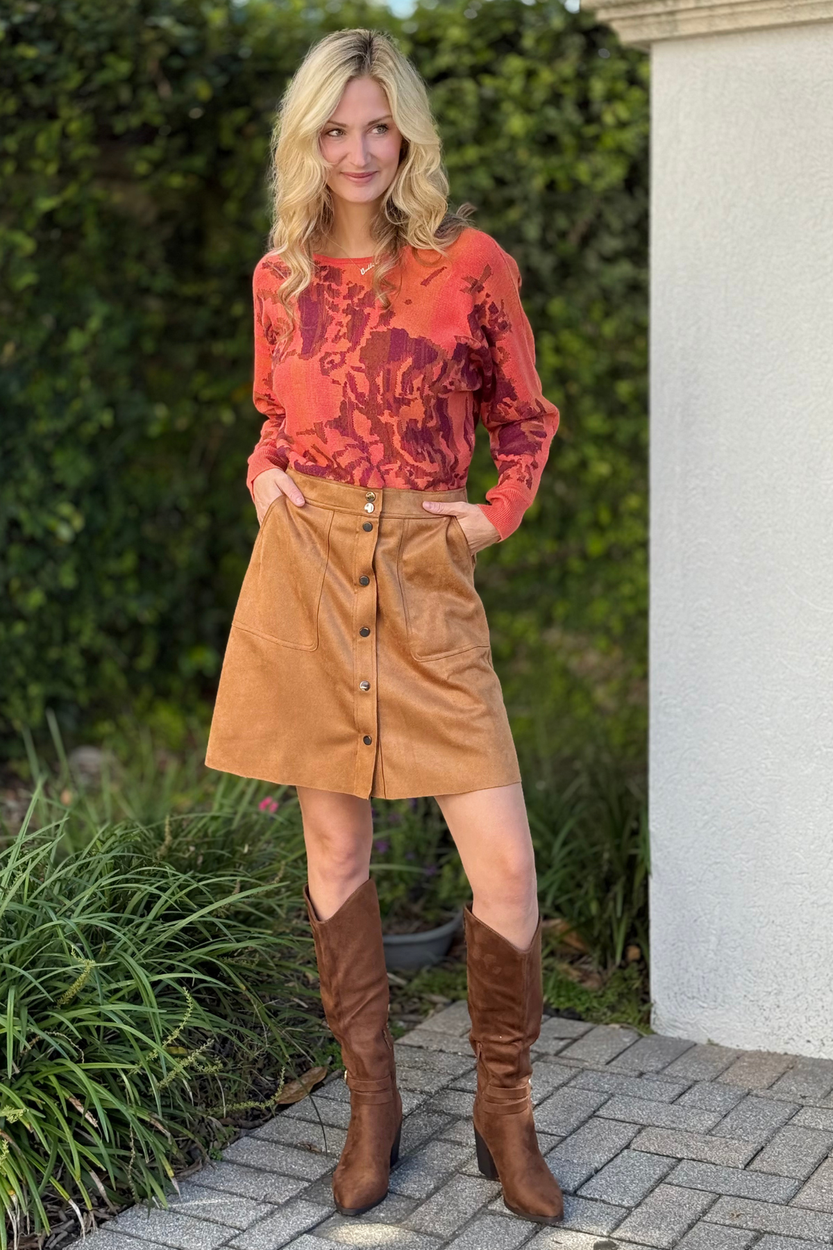 Front view of Tribal Suede A-Line Button Front Skirt in Biscotti