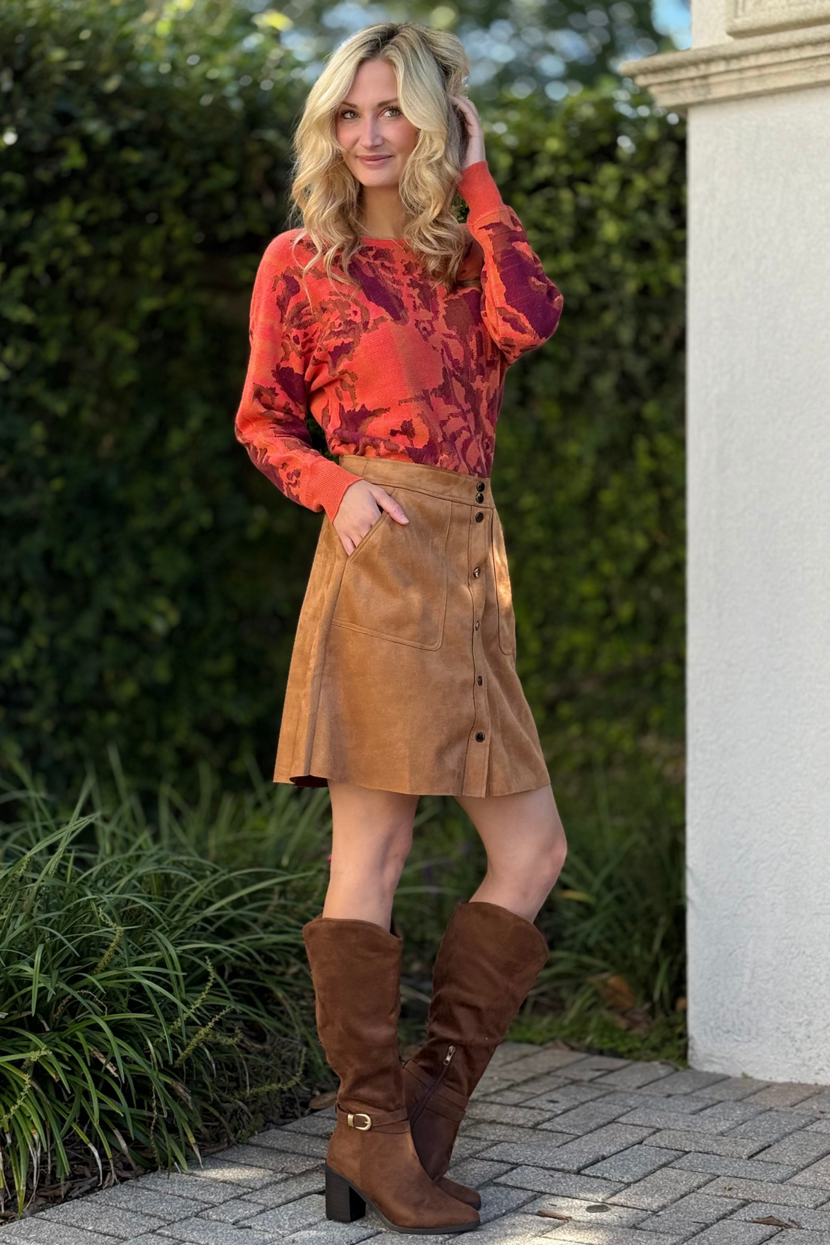 Detail of faux suede texture and side pockets on Biscotti skirt